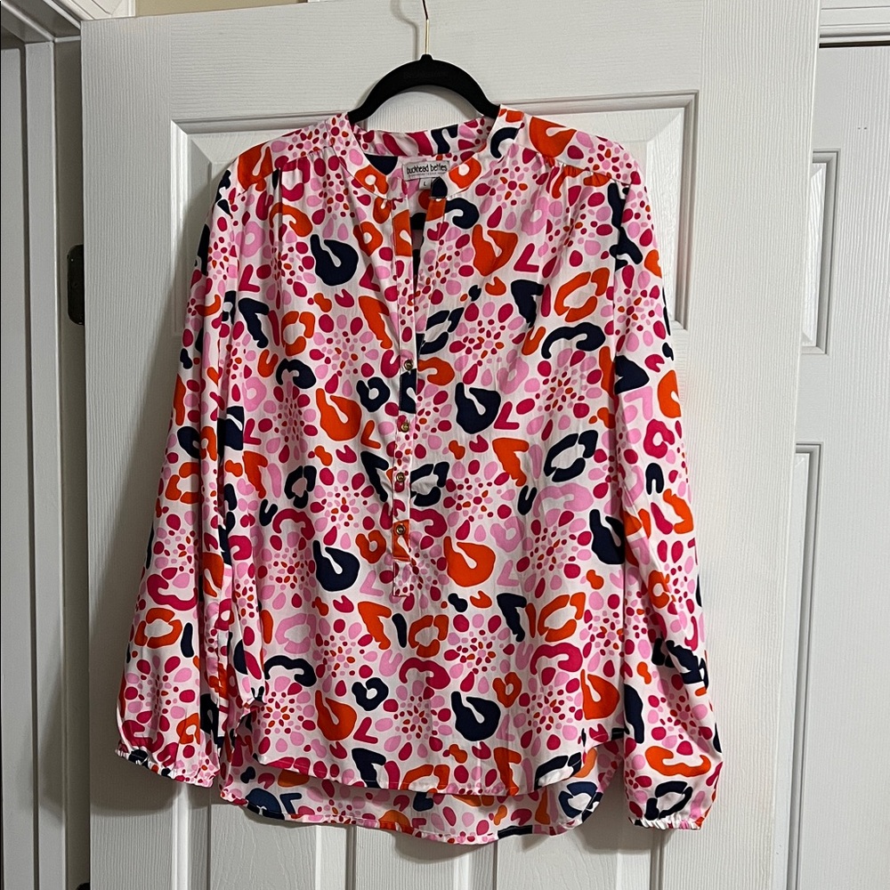 Buckhead Betties Pink and Orange Colorful Leopard Print V Neck Blouse Size Large